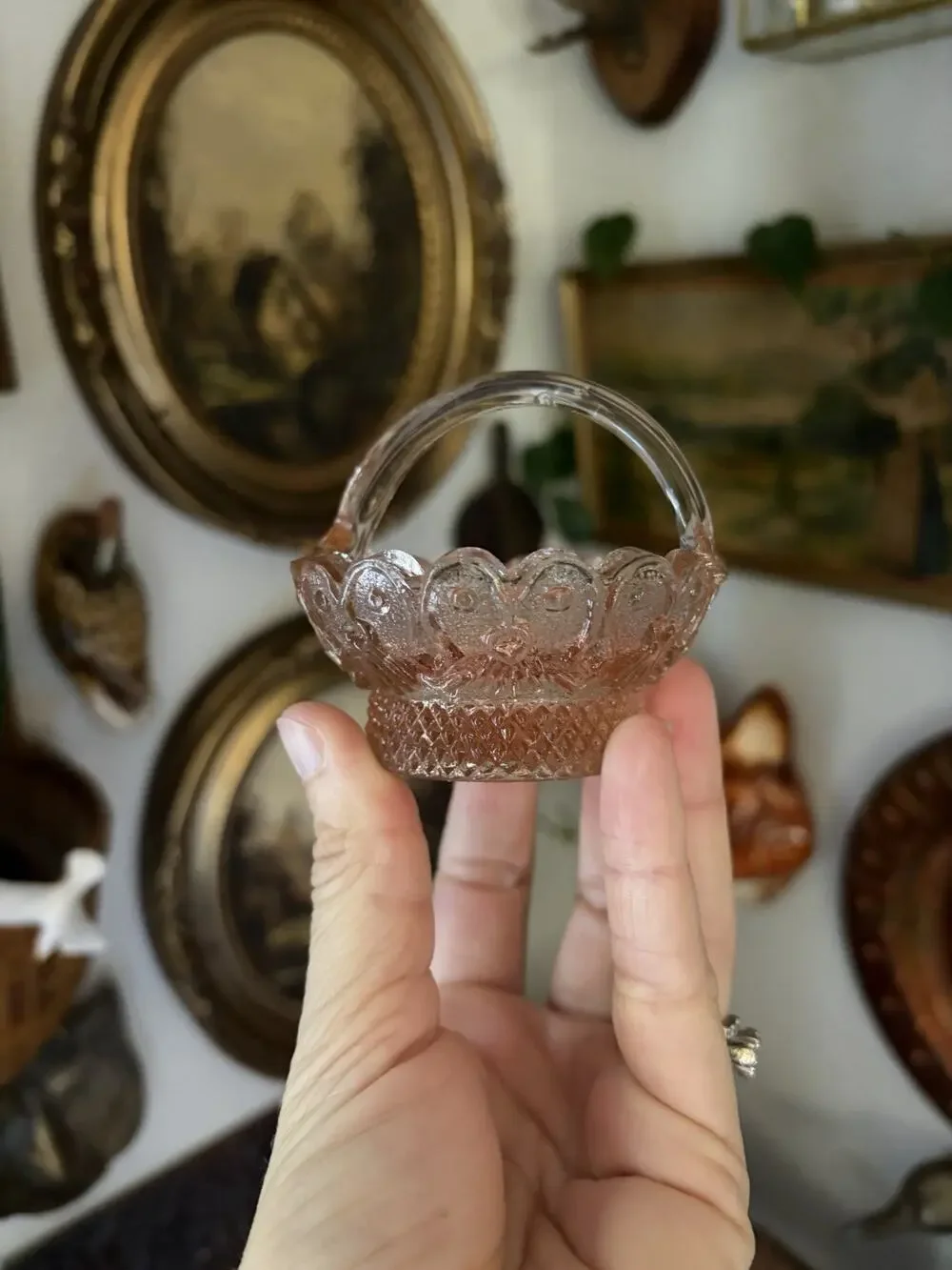 Vintage Pink Depression Glass Basket Small 3” Diameter Floral Glass Mini Basket